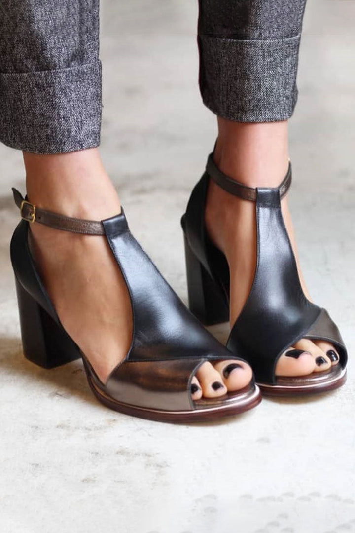Nadaria | Schwarze Patchwork-Peep-Toe-Sandalen mit Absatz